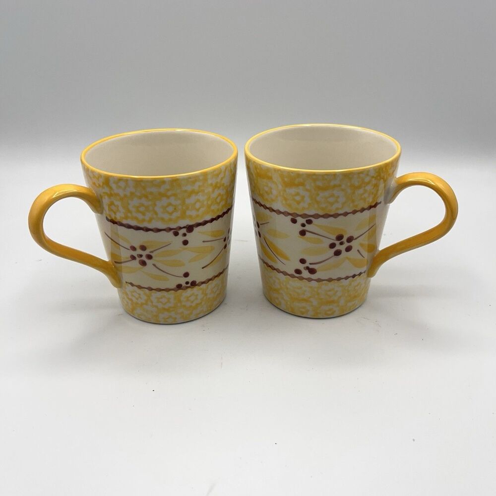 Temp-tations By Tara Temptations Old World Yellow Red Dot Pair Of Mugs 10 Oz